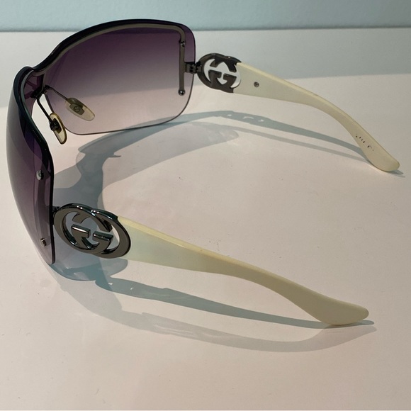Gucci GG Gunmetal Silver Logo Wrap Purple Tint Floating Frame Ivory Sunglasses - Picture 5 of 10